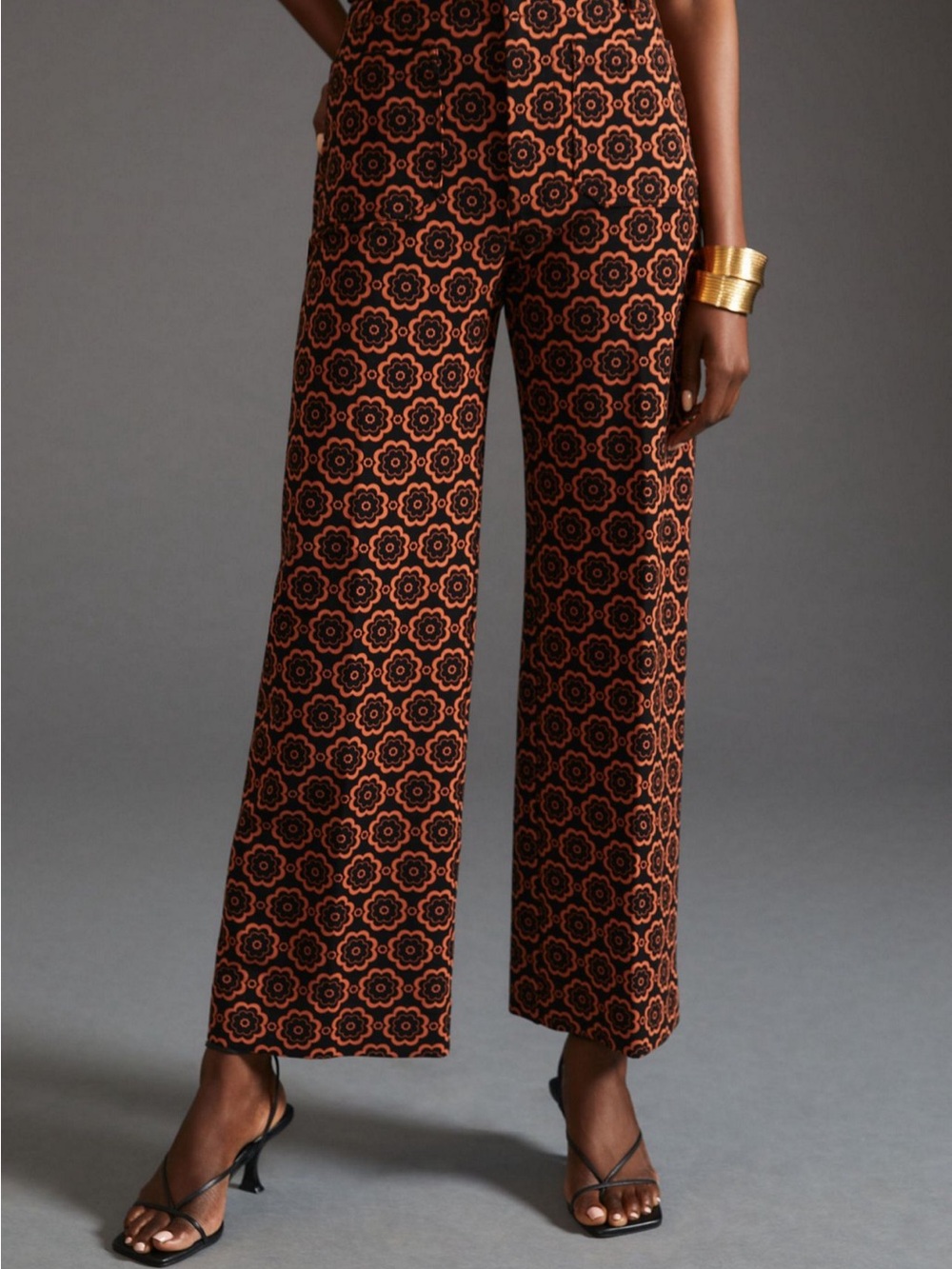 Maeve Collette Cropped Ponte Pants in Black and Burnt Orange Print - Size 30